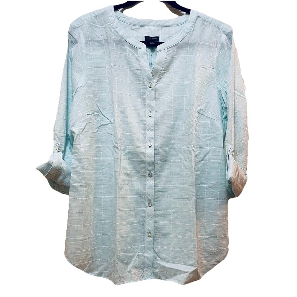 TALBOTS Mint Green Checked Roll-Tab Sleeve Mandarin Collar Shirt Sz L NWT
